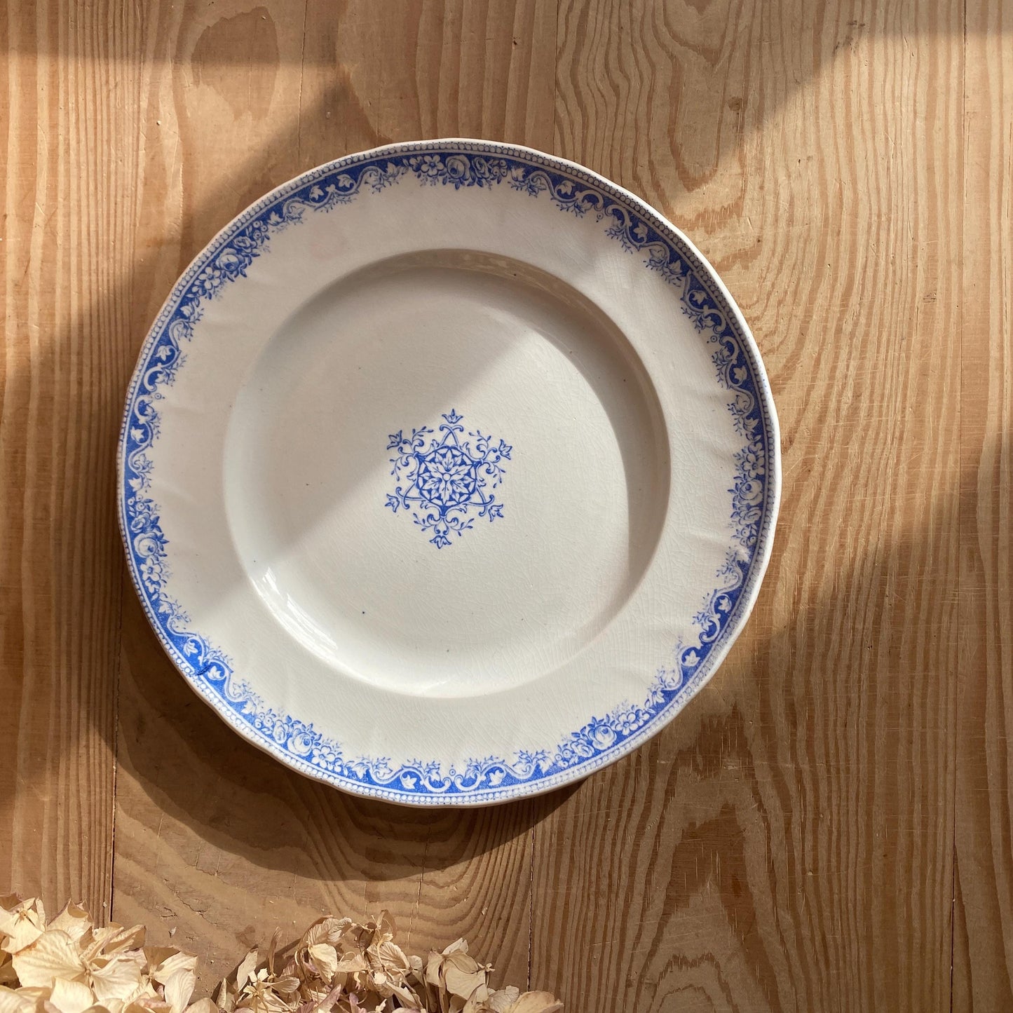 SET 6 mismatched vintage ironstone dinner plates, blue and white transferware floral patterns, France c1880-1925