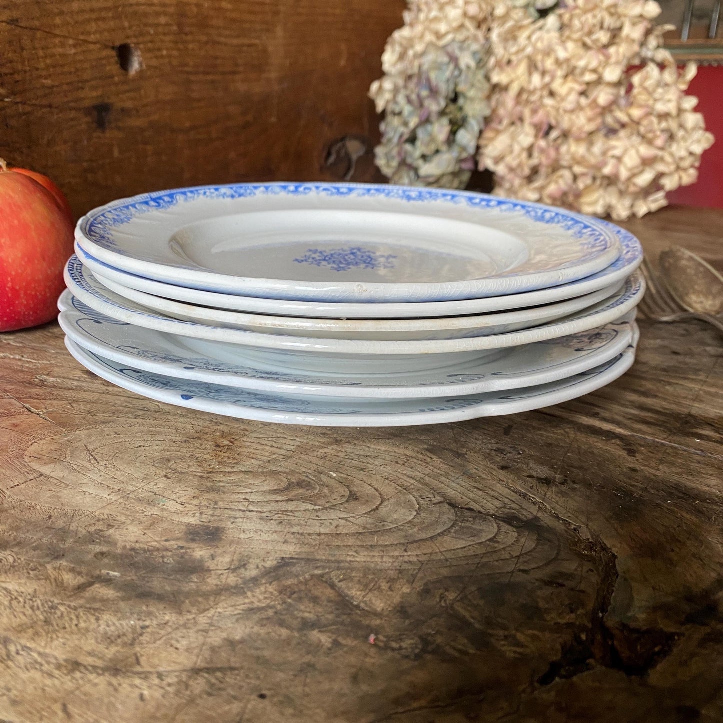 SET 6 mismatched vintage ironstone dinner plates, blue and white transferware floral patterns, France c1880-1925