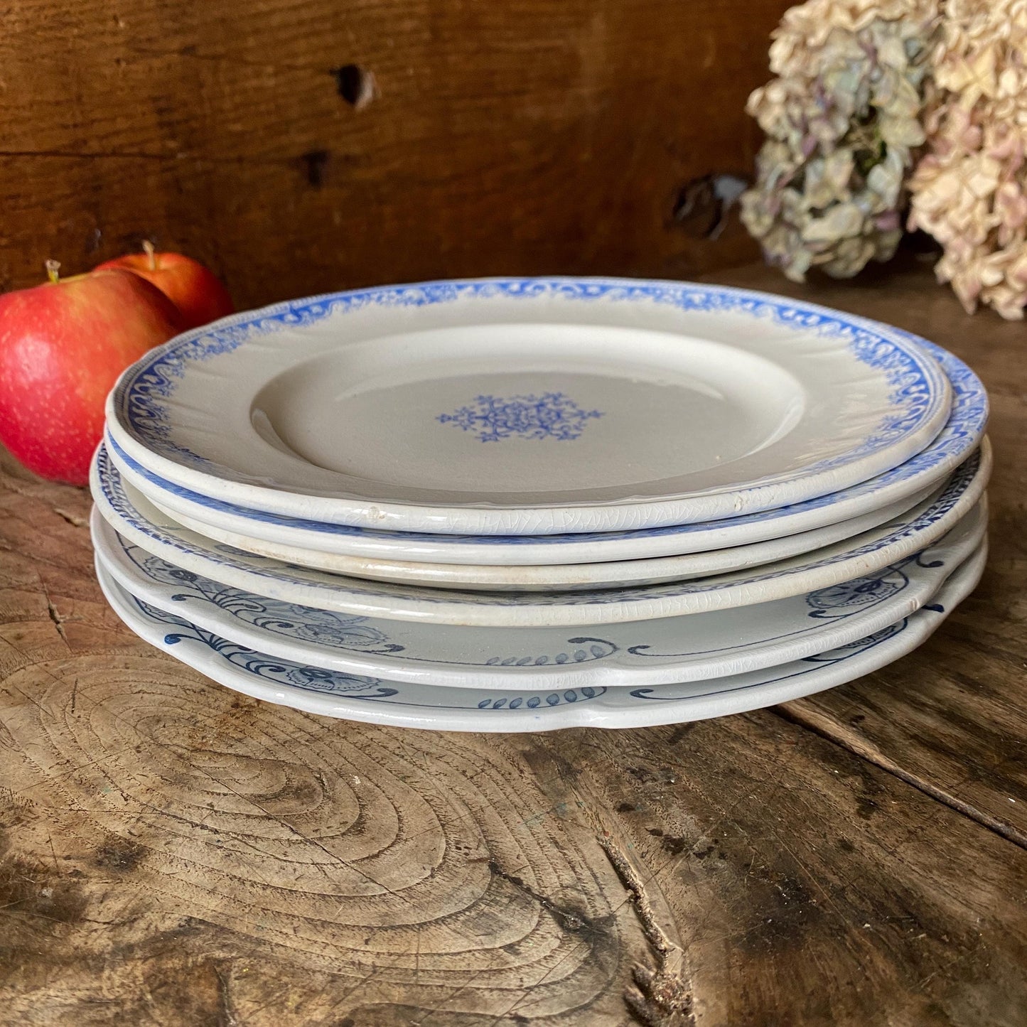 SET 6 mismatched vintage ironstone dinner plates, blue and white transferware floral patterns, France c1880-1925