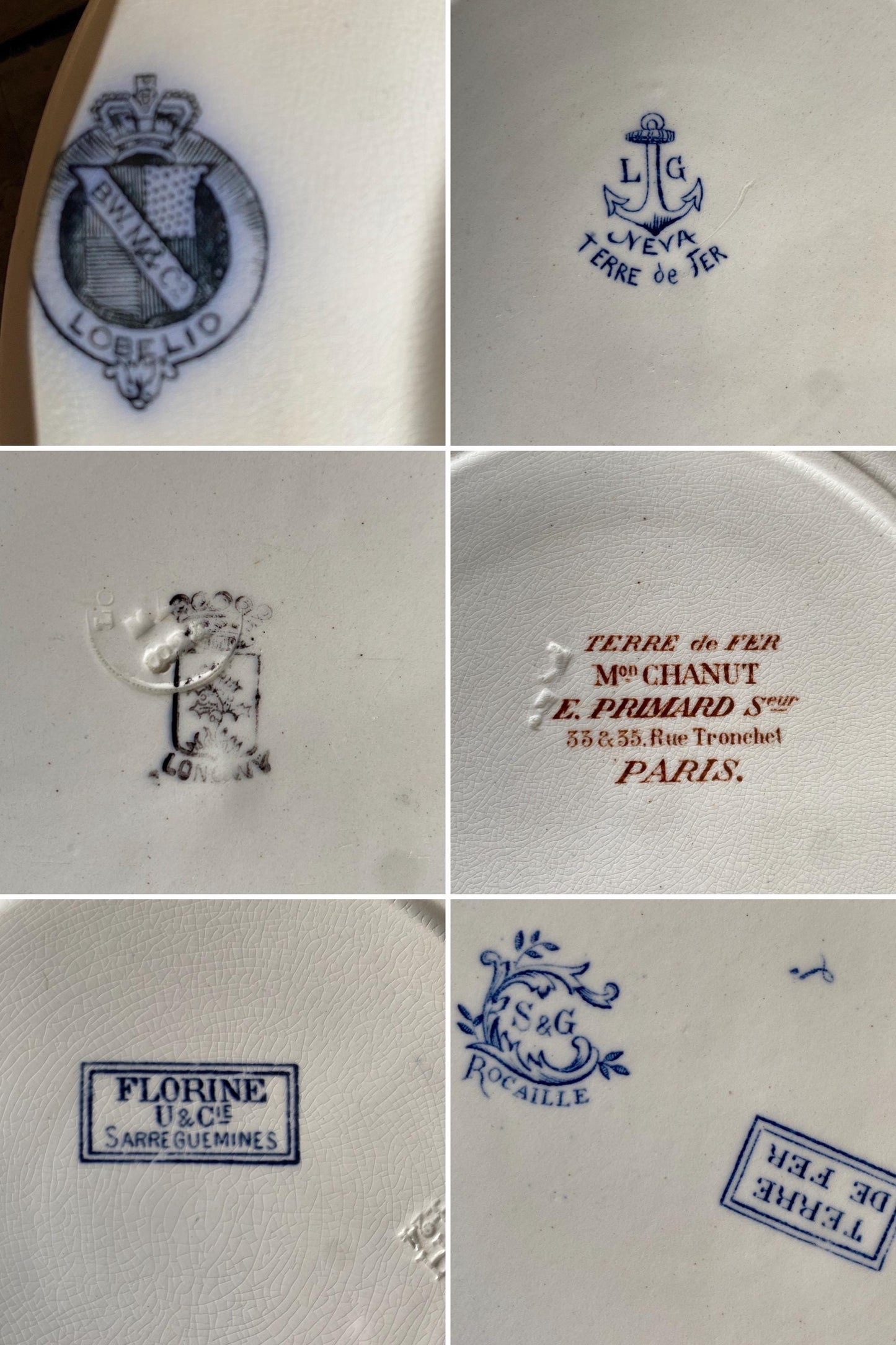 SET 6 mismatched antique ironstone dinner plates, blue and white transferware patterns, florals France c1880-1900