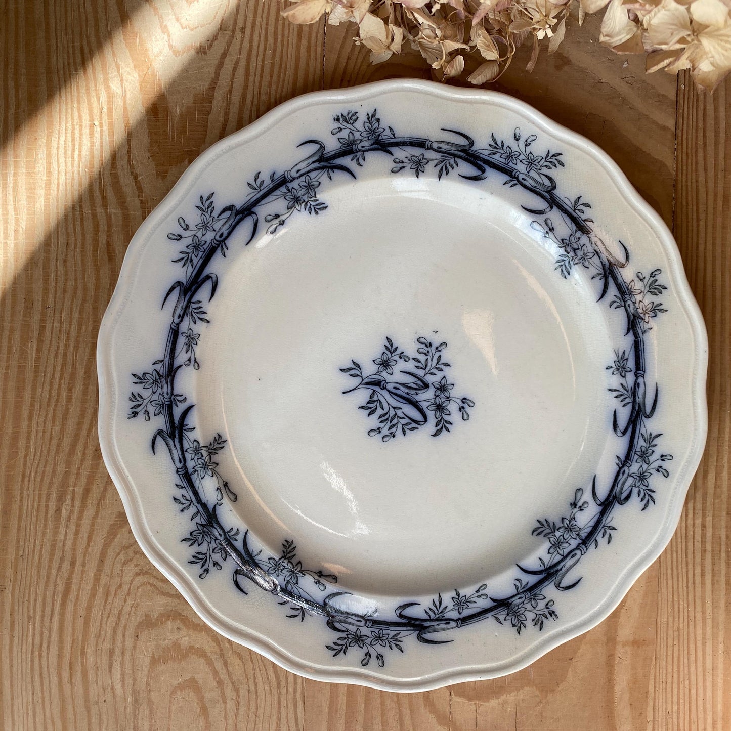SET 6 mismatched antique ironstone dinner plates, blue and white transferware patterns, florals France c1880-1900