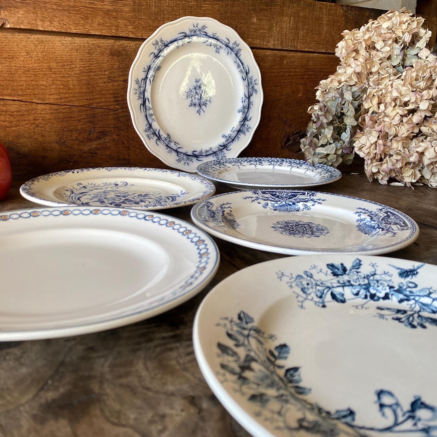 SET 6 mismatched antique ironstone dinner plates, blue and white transferware patterns, florals France c1880-1900