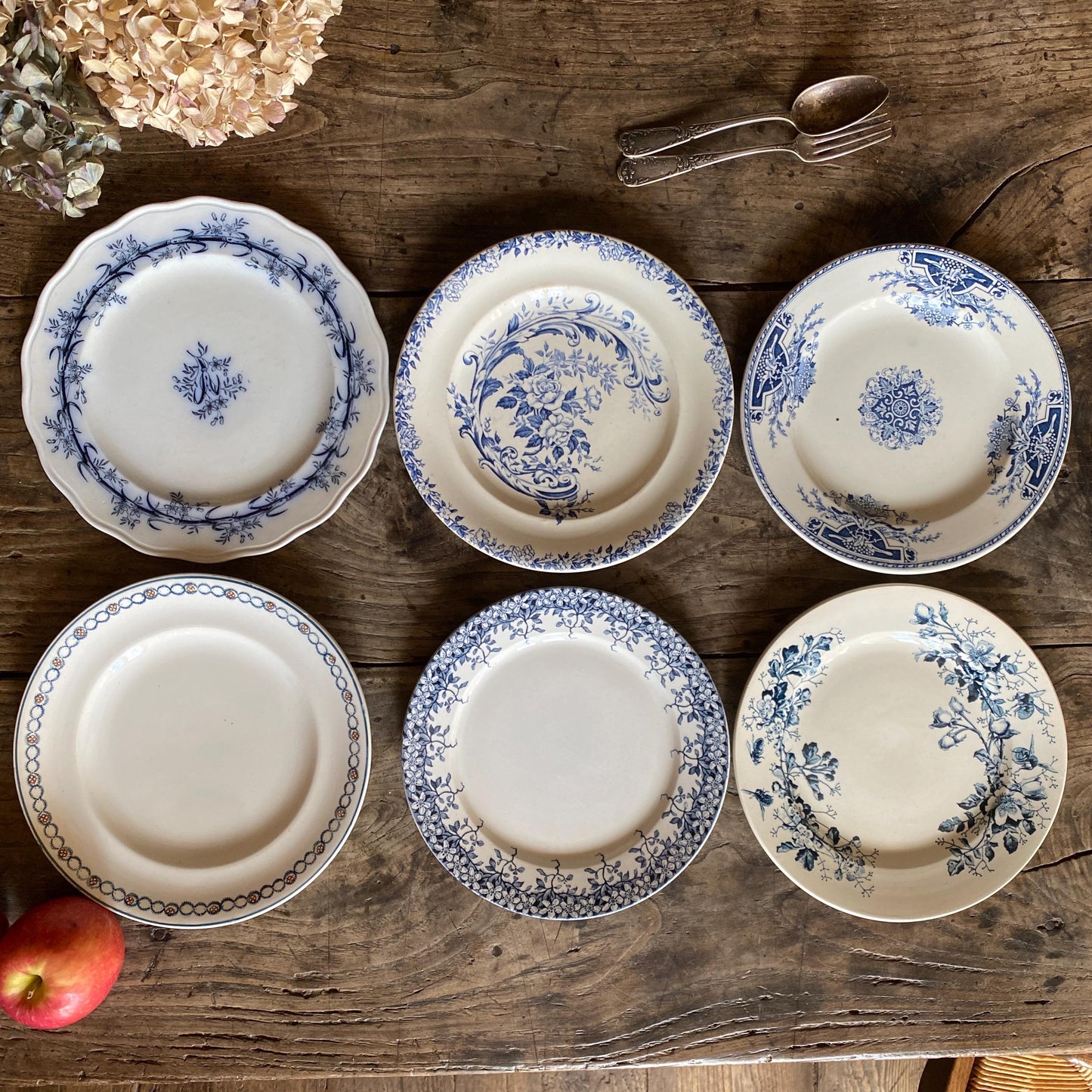 SET 6 mismatched antique ironstone dinner plates, blue and white transferware patterns, florals France c1880-1900