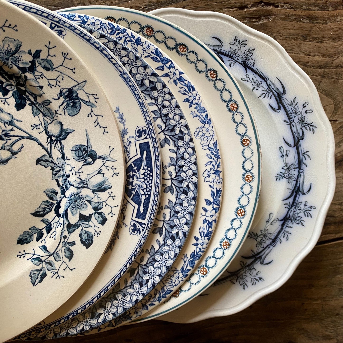 SET 6 mismatched antique ironstone dinner plates, blue and white transferware patterns, florals France c1880-1900