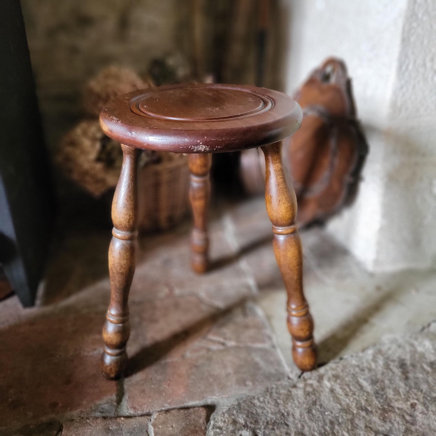 Tall Bobbin-Leg Tripod Oak Wood Stool, France c.1960