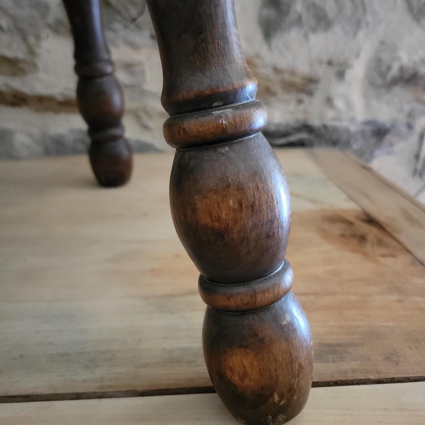 Tall Bobbin-Leg Tripod Oak Wood Stool, France c.1960