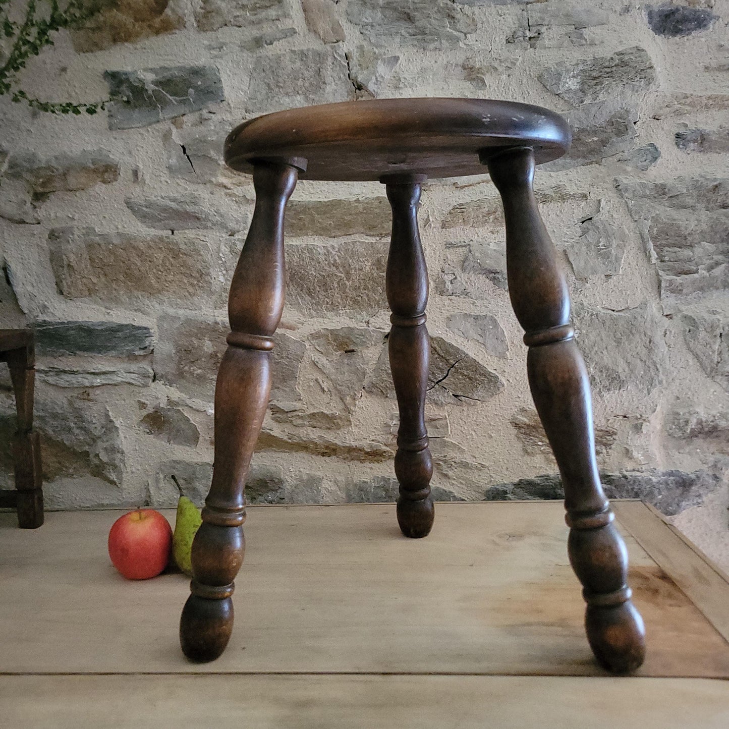 Tall Bobbin-Leg Tripod Oak Wood Stool, France c.1960