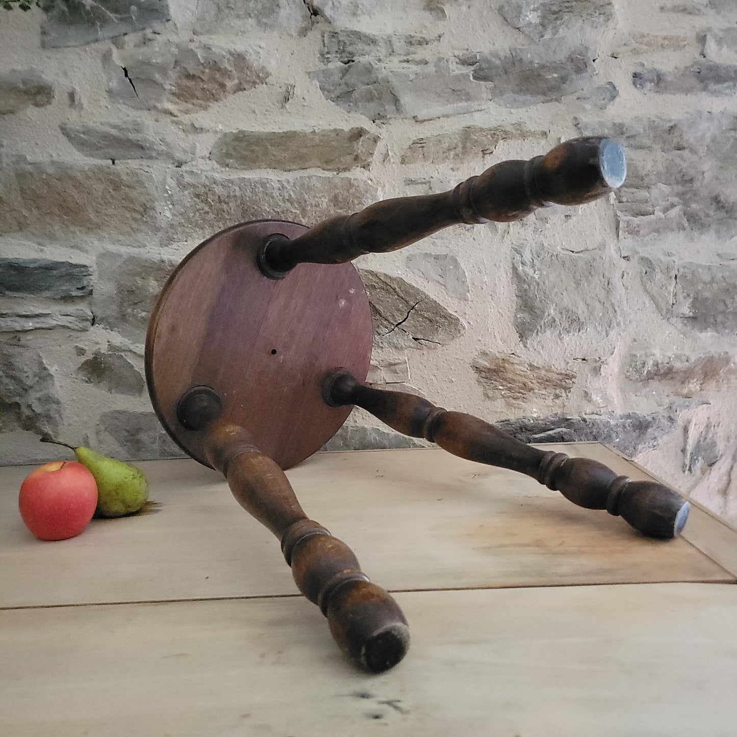 Tall Bobbin-Leg Tripod Oak Wood Stool, France c.1960