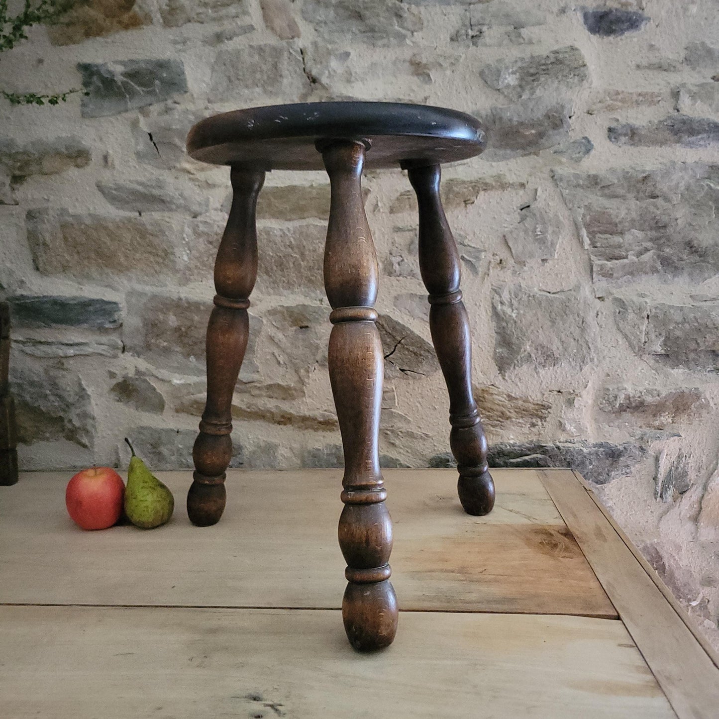 Tall Bobbin-Leg Tripod Oak Wood Stool, France c.1960