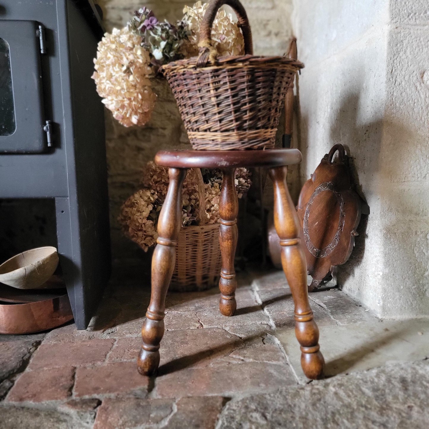 Tall Bobbin-Leg Tripod Oak Wood Stool, France c.1960