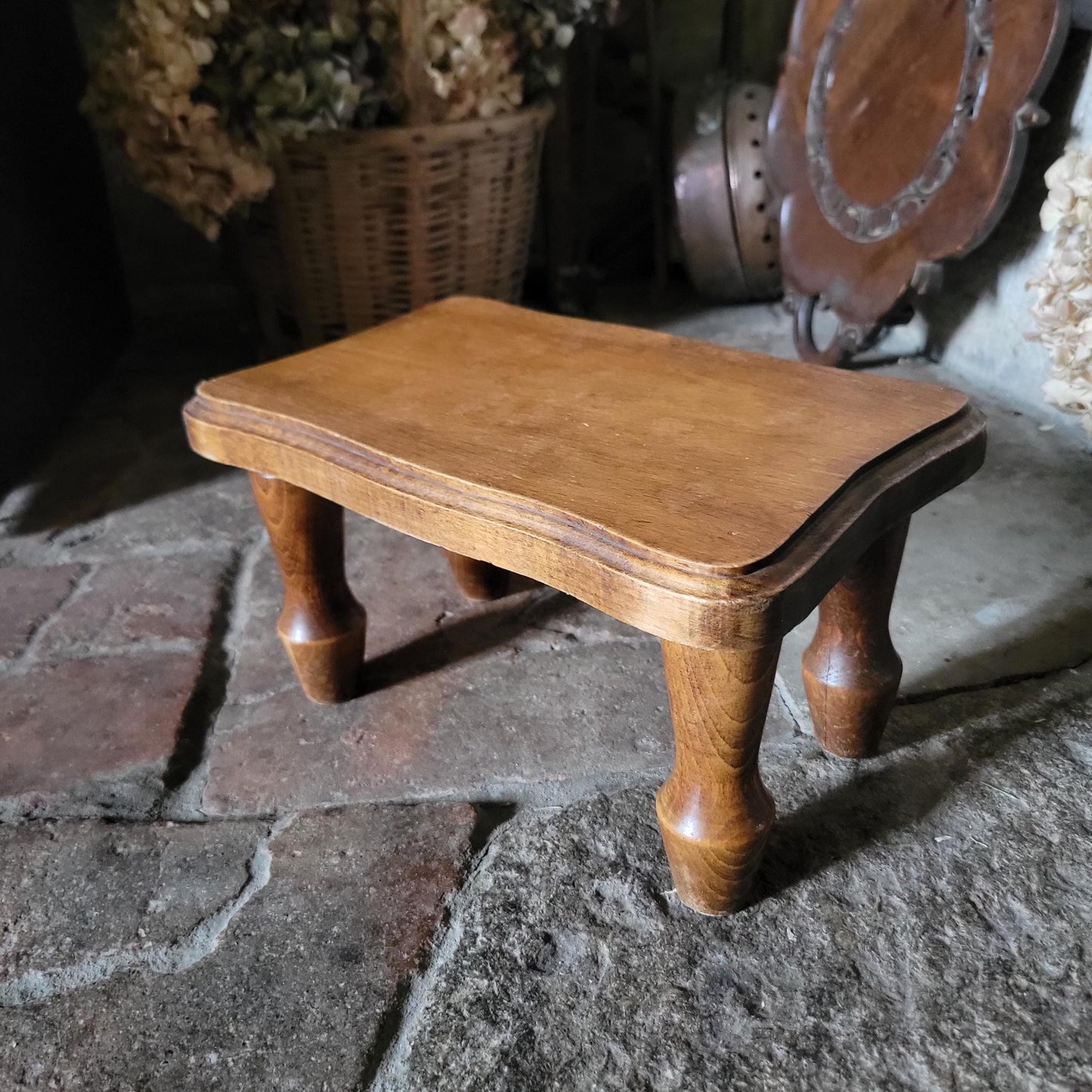 Small Vintage French Foot Stool in Solid Wood, c.1960