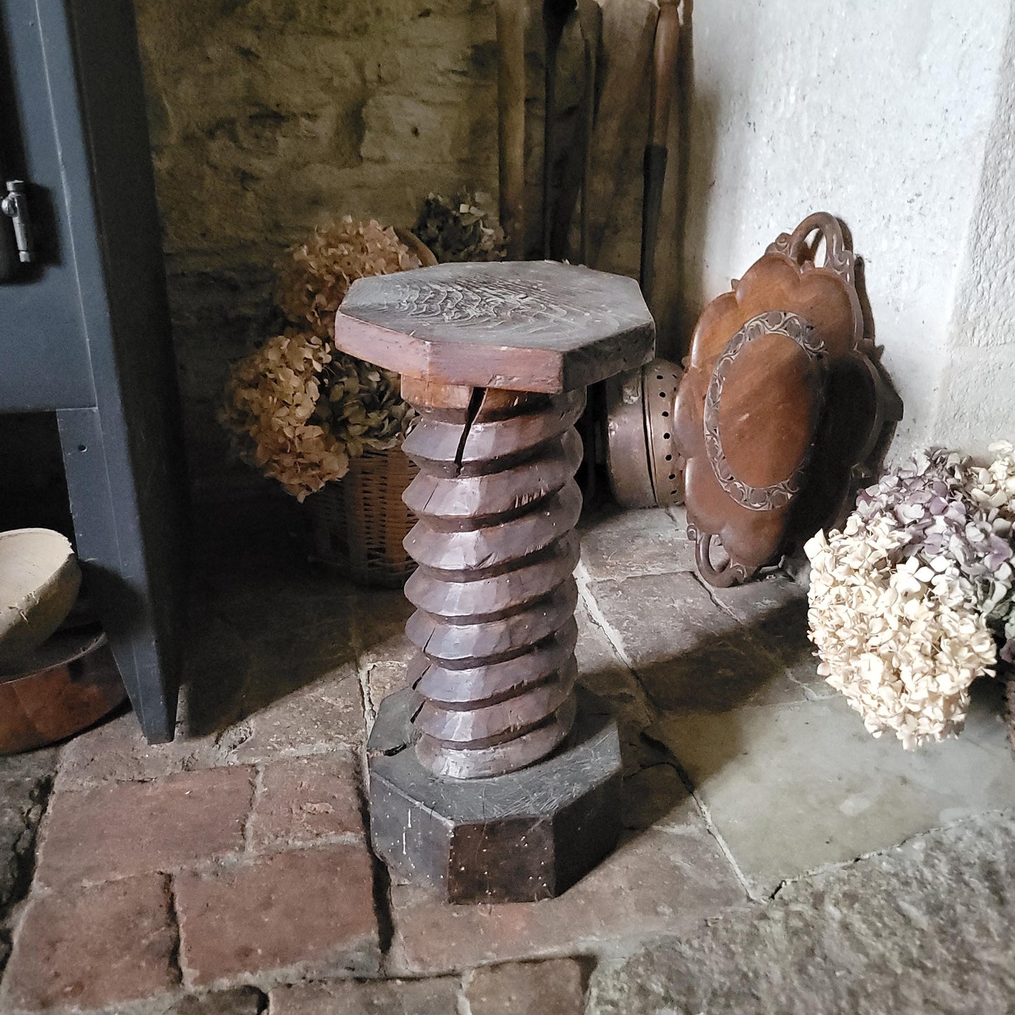 Primitive French Oak Wine Press Screw-form Plant Stand or Plinth, c.1890