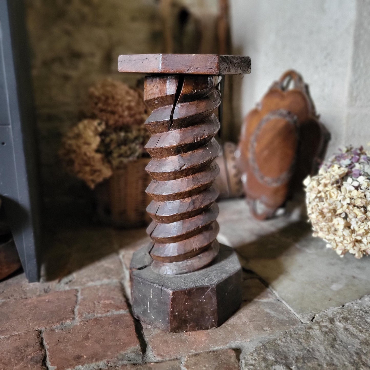 Primitive French Oak Wine Press Screw-form Plant Stand or Plinth, c.1890