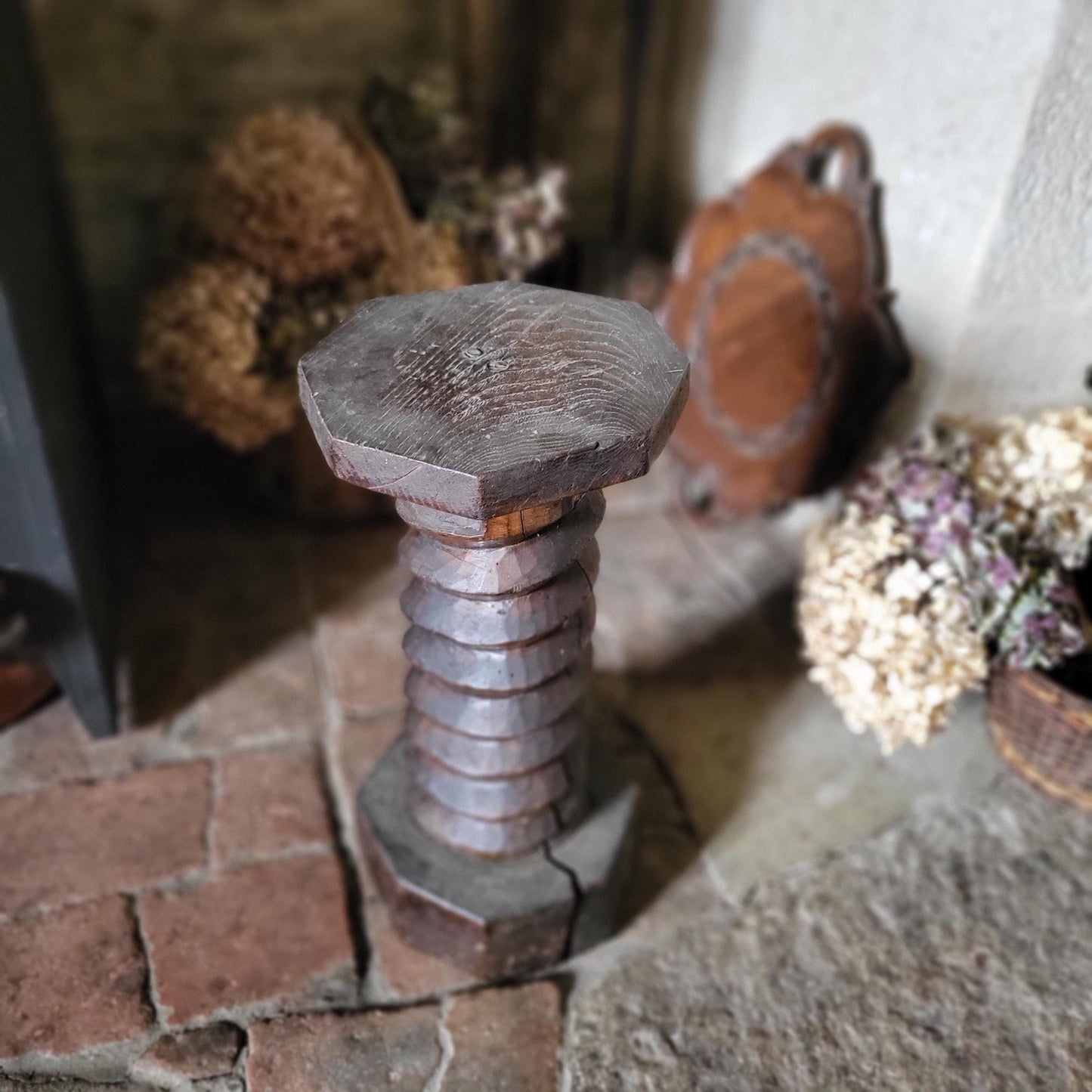 Primitive French Oak Wine Press Screw-form Plant Stand or Plinth, c.1890