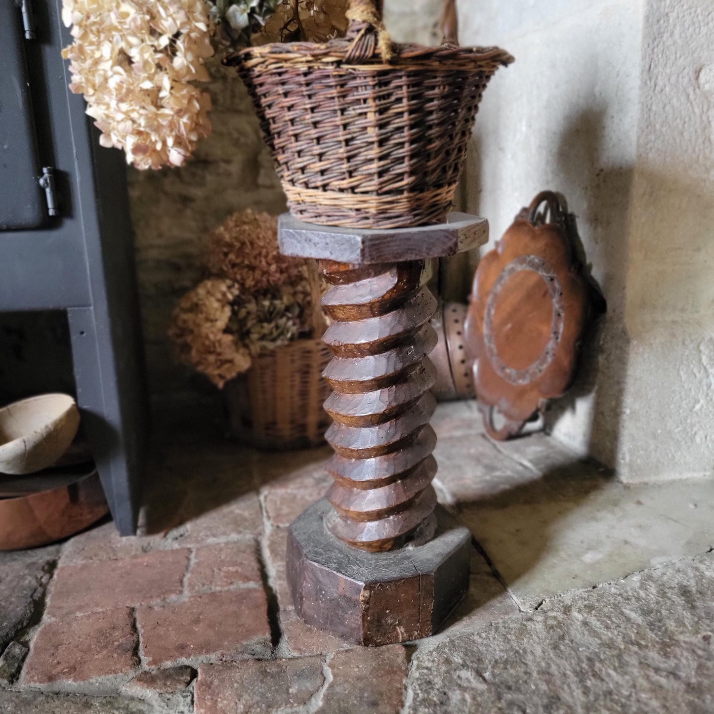 Primitive French Oak Wine Press Screw-form Plant Stand or Plinth, c.1890