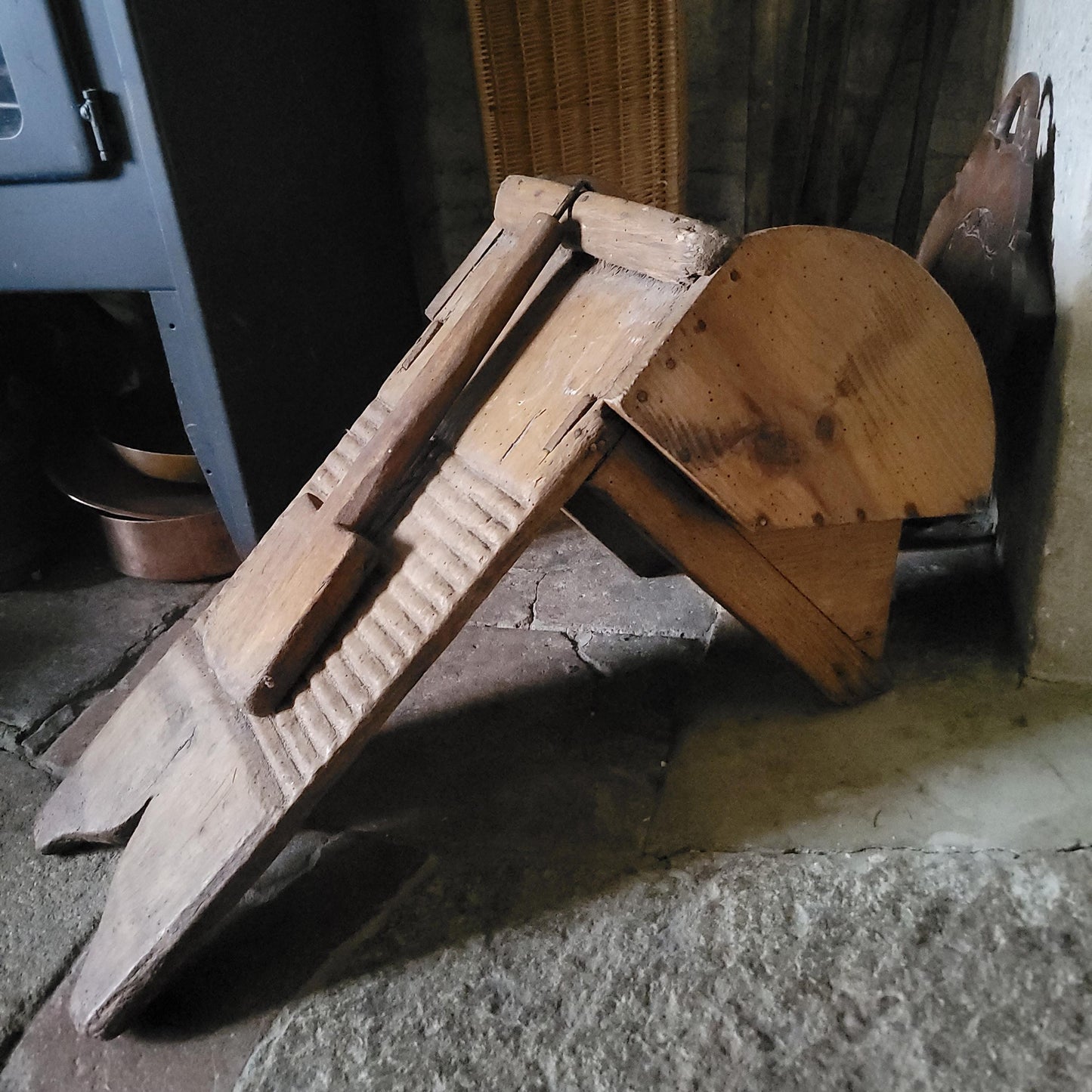 Antique French Oak Washboard with Paddle and Kneeling Stool, c.1920