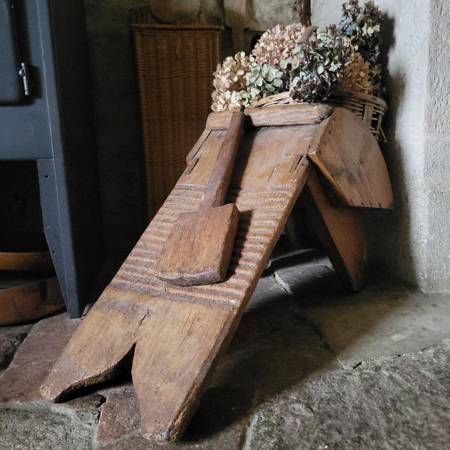 Antique French Oak Washboard with Paddle and Kneeling Stool, c.1920