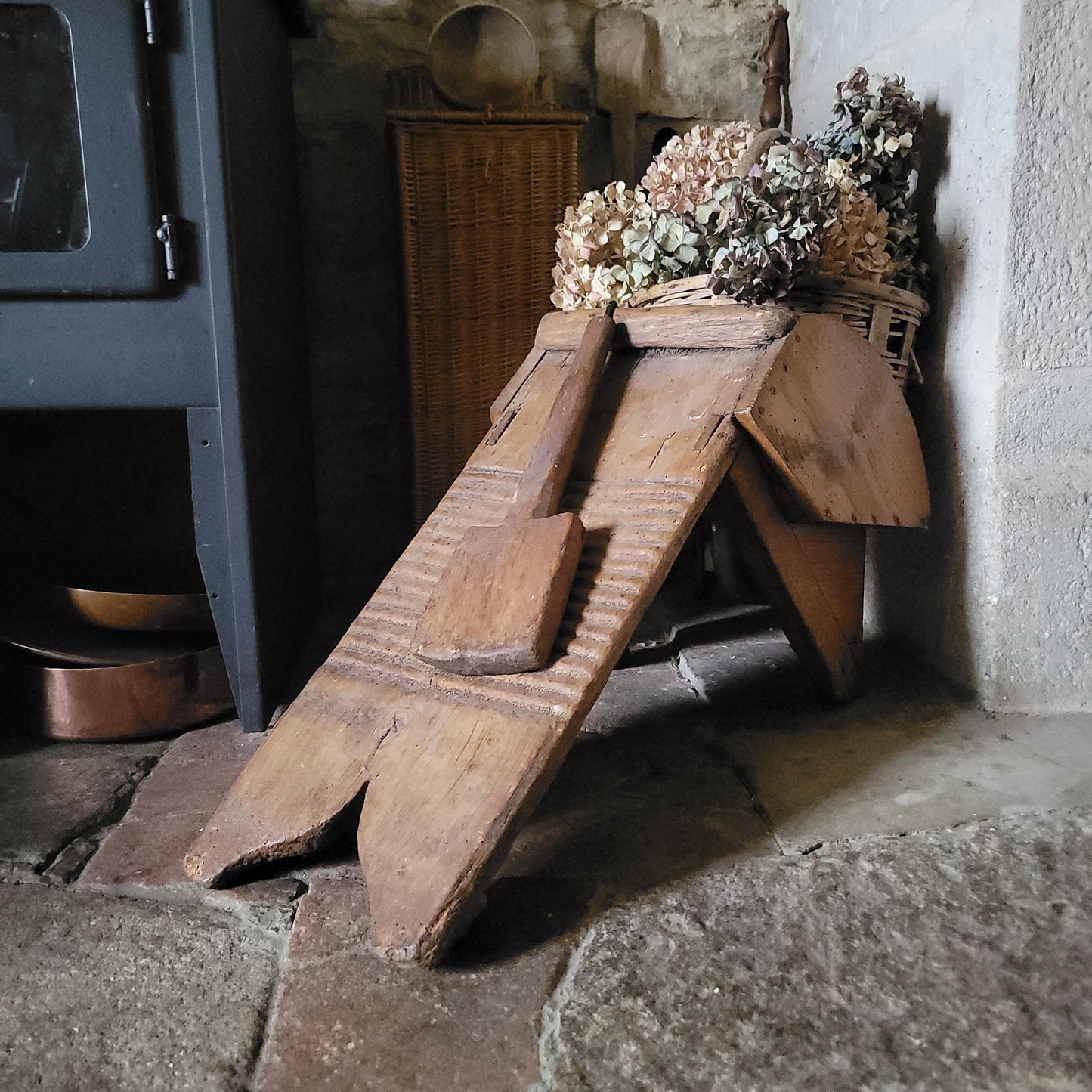 Antique French Oak Washboard with Paddle and Kneeling Stool, c.1920