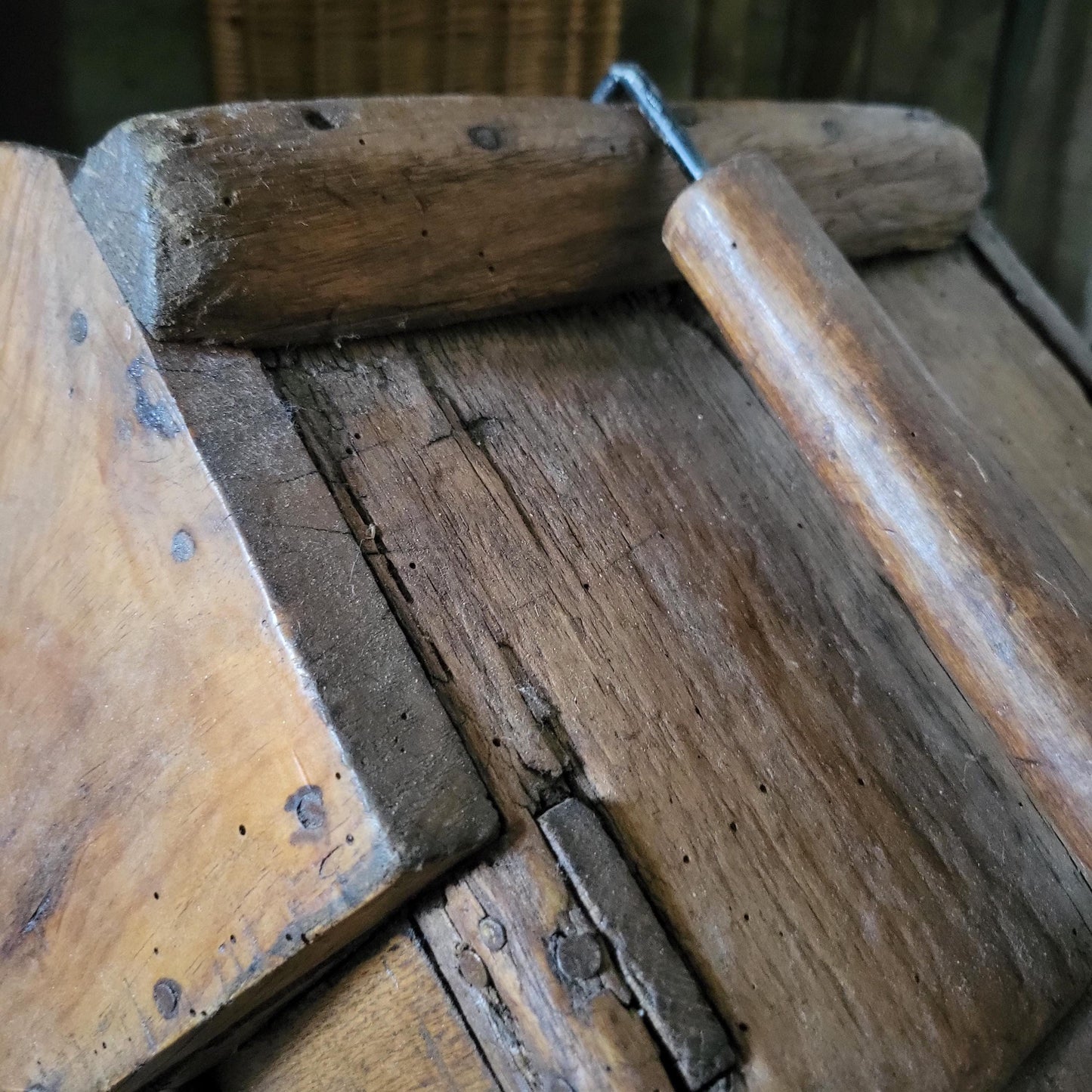 Antique French Oak Washboard with Paddle and Kneeling Stool, c.1920