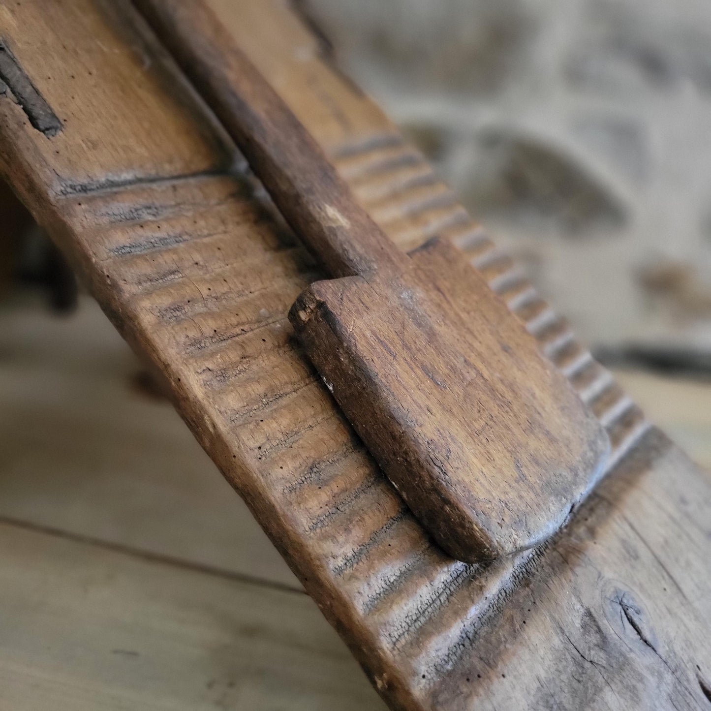 Antique French Oak Washboard with Paddle and Kneeling Stool, c.1920