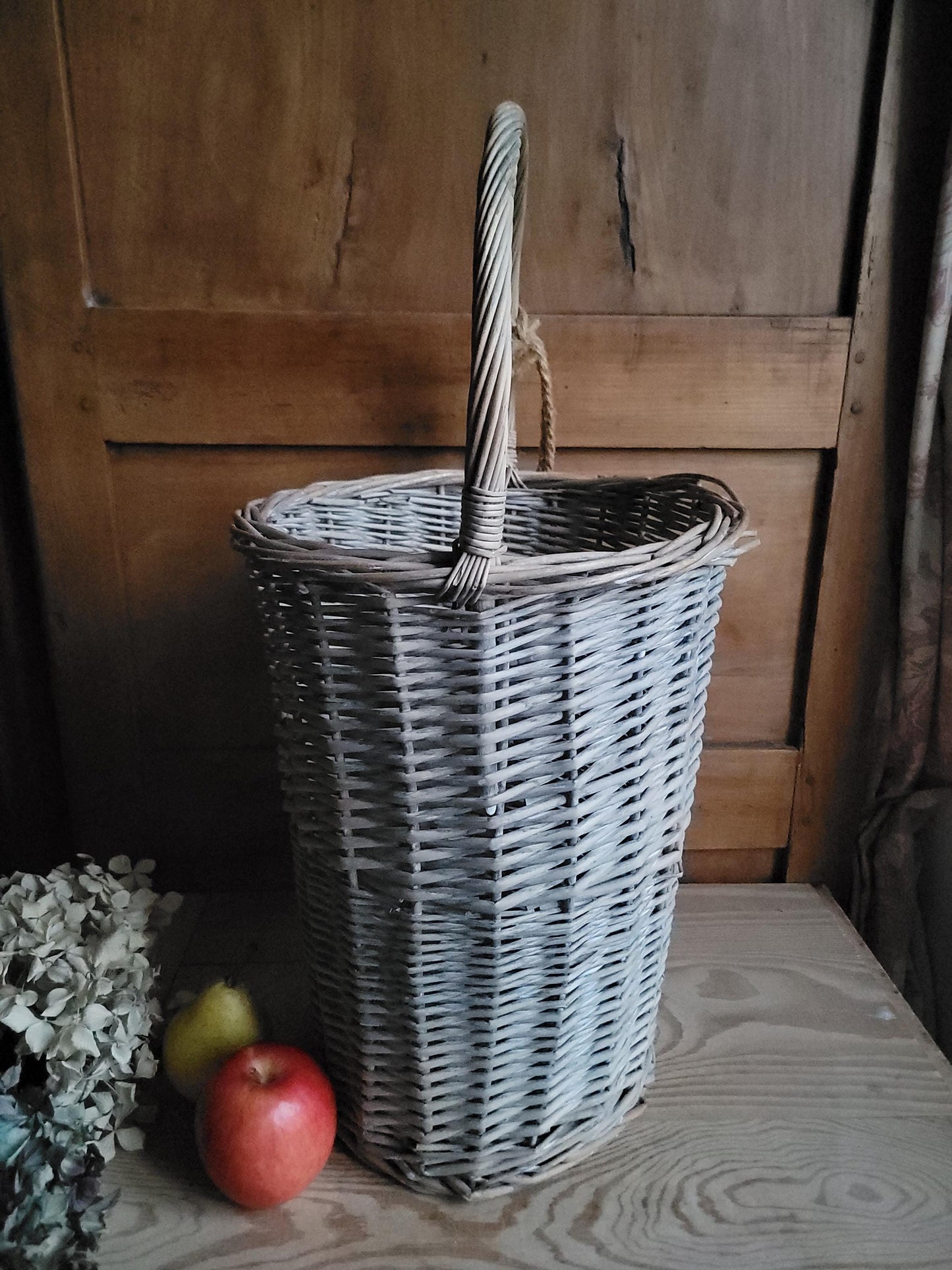Tall French Fruit Gathering Basket with Hanging Hook Correze region France c.1920