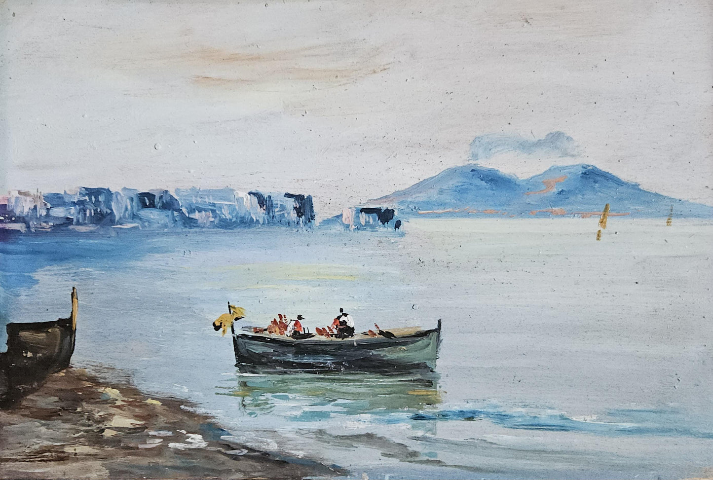 Bay of Naples Oil Painting on Board with Smoking Vesuvius, Italy c.1900