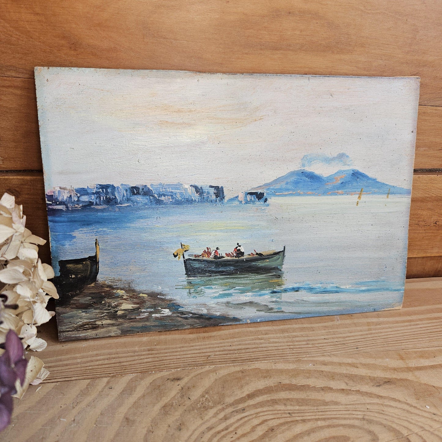 Bay of Naples Oil Painting on Board with Smoking Vesuvius, Italy c.1900