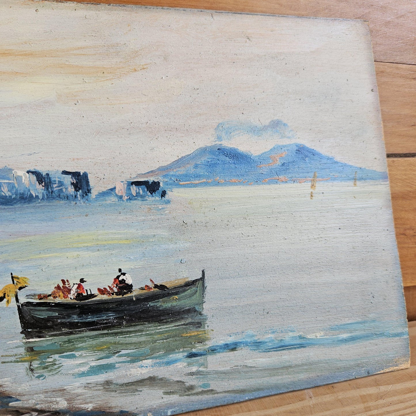 Bay of Naples Oil Painting on Board with Smoking Vesuvius, Italy c.1900