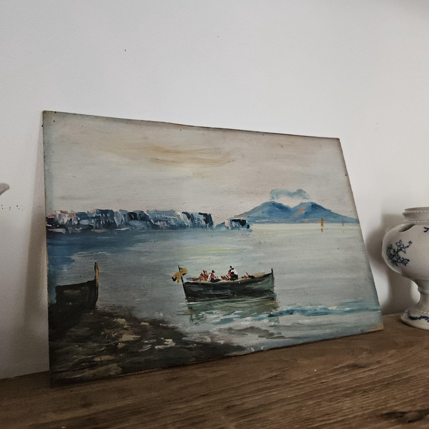 Bay of Naples Oil Painting on Board with Smoking Vesuvius, Italy c.1900