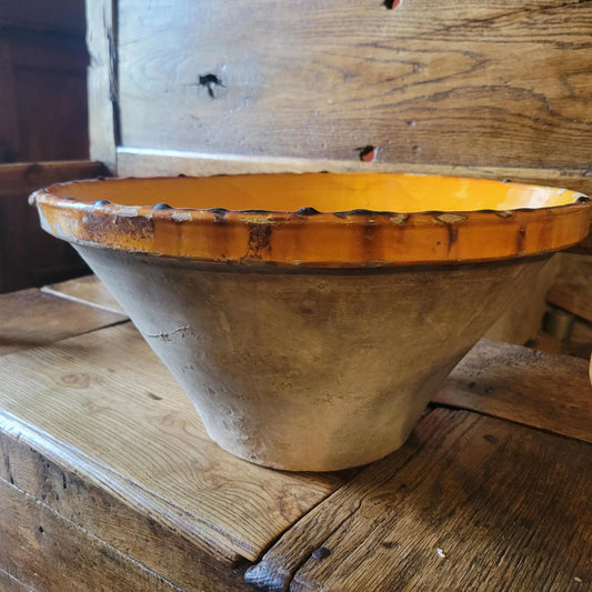 Large French Dough Mixing Tian Bowl, Oversized Provencale Stoneware, Yellow Ochre Glaze, France c.1890