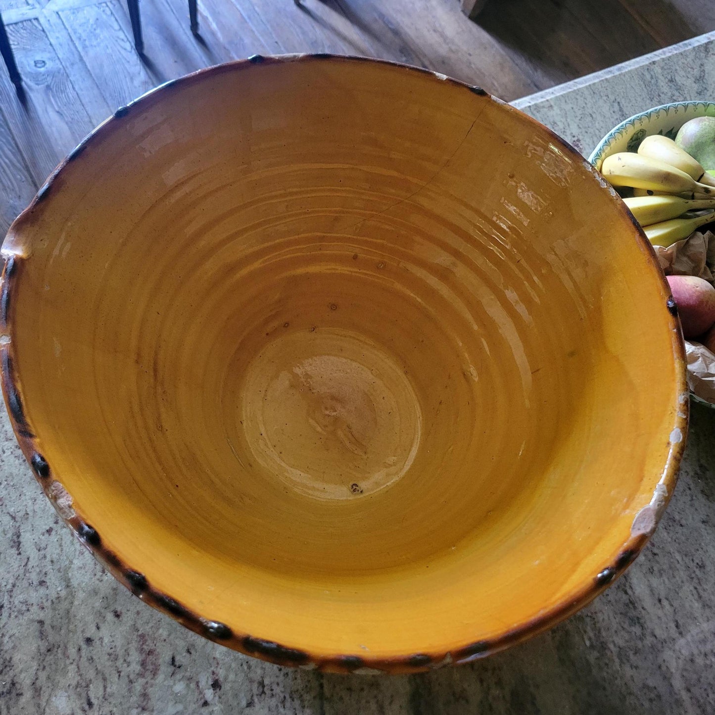 Large French Dough Mixing Tian Bowl, Oversized Provencale Stoneware, Yellow Ochre Glaze, France c.1890