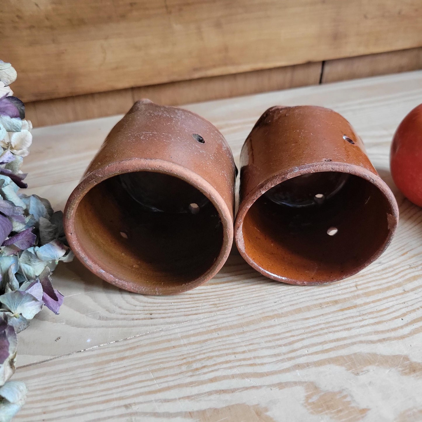 Pair of Small Three-Footed Glazed Terracotta Faisselles, France c.1940