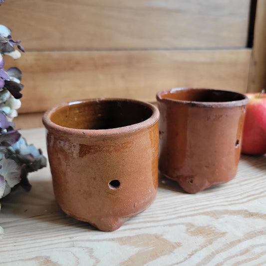 Pair of Small Three-Footed Glazed Terracotta Faisselles, France c.1940