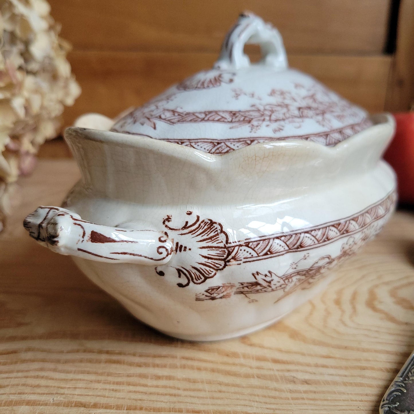 Antique Brown Transferware Lidded Saucier, French Ironstone c.1900