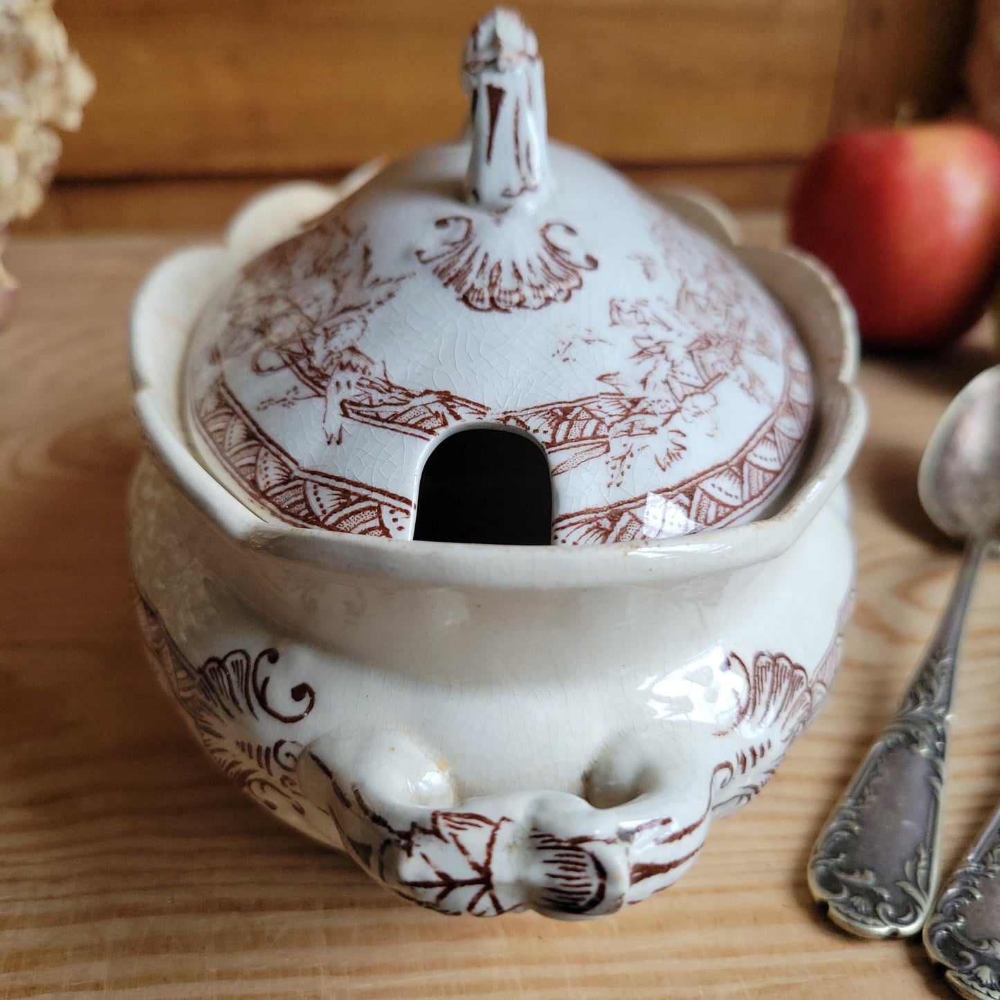 Antique Brown Transferware Lidded Saucier, French Ironstone c.1900