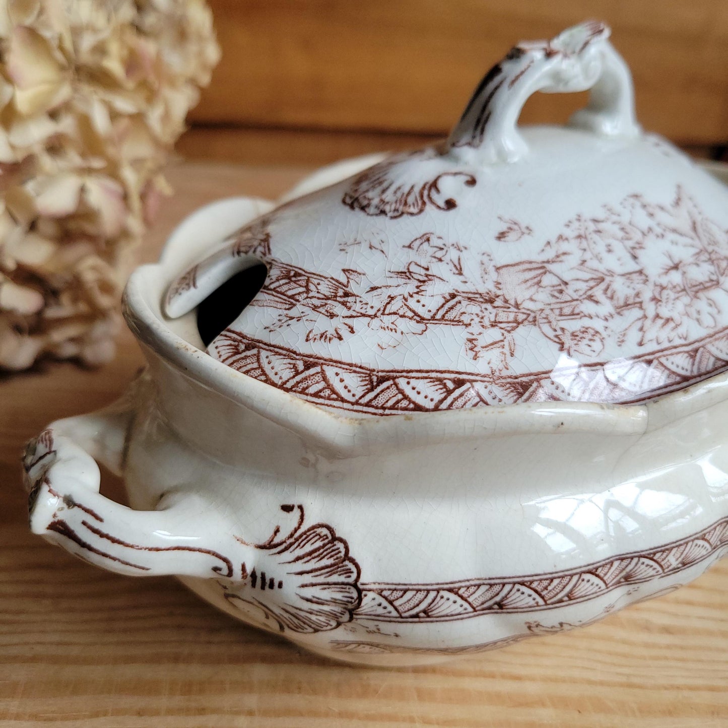 Antique Brown Transferware Lidded Saucier, French Ironstone c.1900