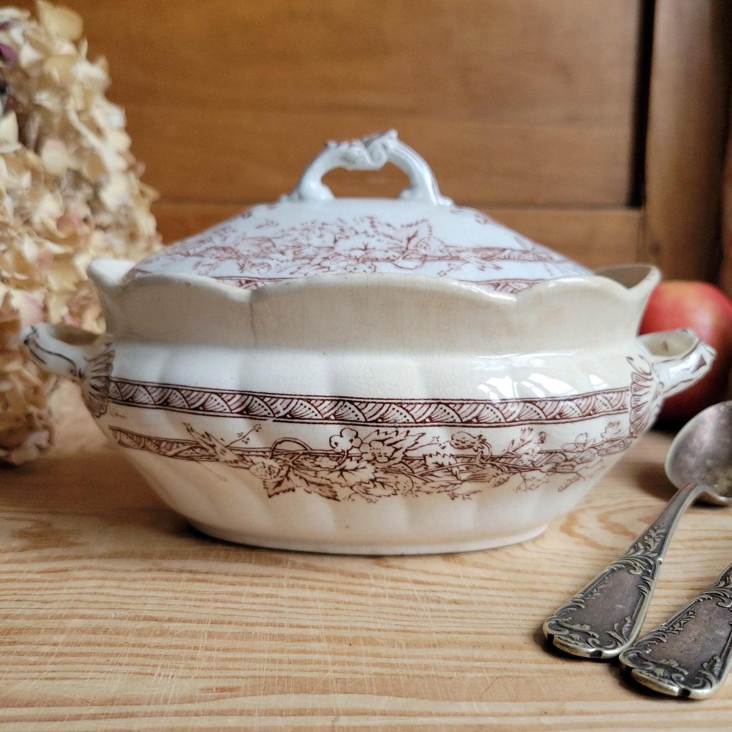 Antique Brown Transferware Lidded Saucier, French Ironstone c.1900