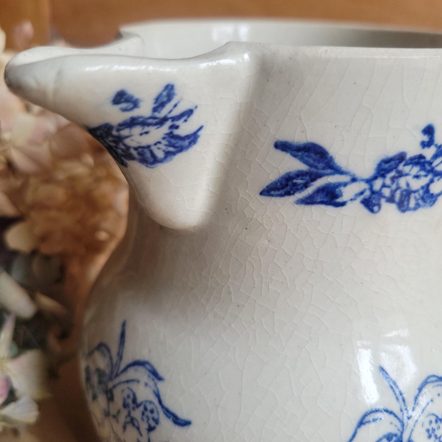 Large St Uze Milk Jug with Offset Handle and Blue Floral Decoration, France c.190