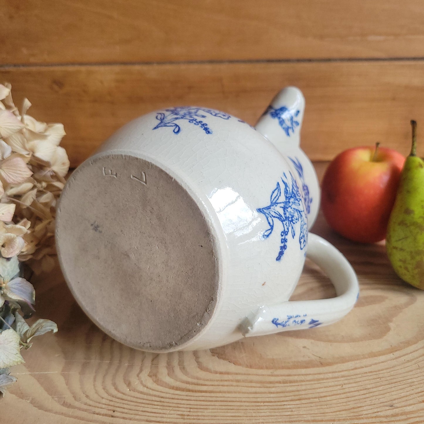 Large St Uze Milk Jug with Offset Handle and Blue Floral Decoration, France c.190