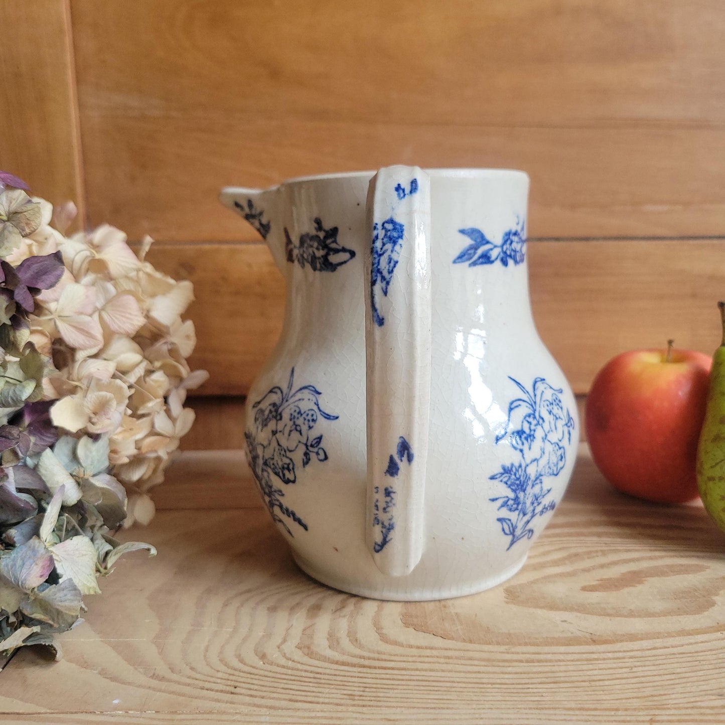 Large St Uze Milk Jug with Offset Handle and Blue Floral Decoration, France c.190