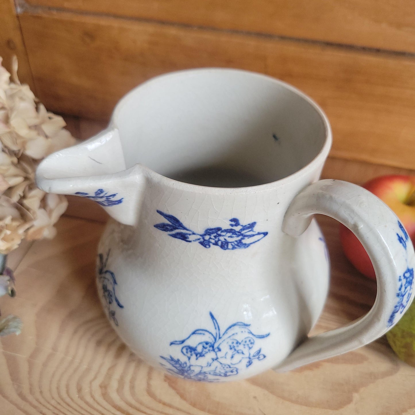 Large St Uze Milk Jug with Offset Handle and Blue Floral Decoration, France c.190