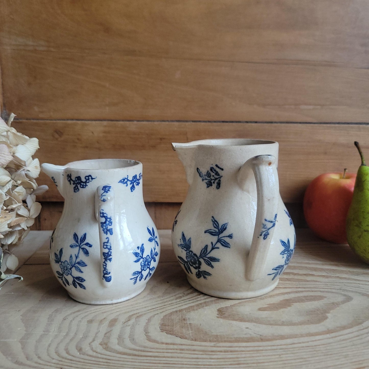 Pair of St Uze Blue and White Milk Jugs, Matching Floral Designs, France c.1910