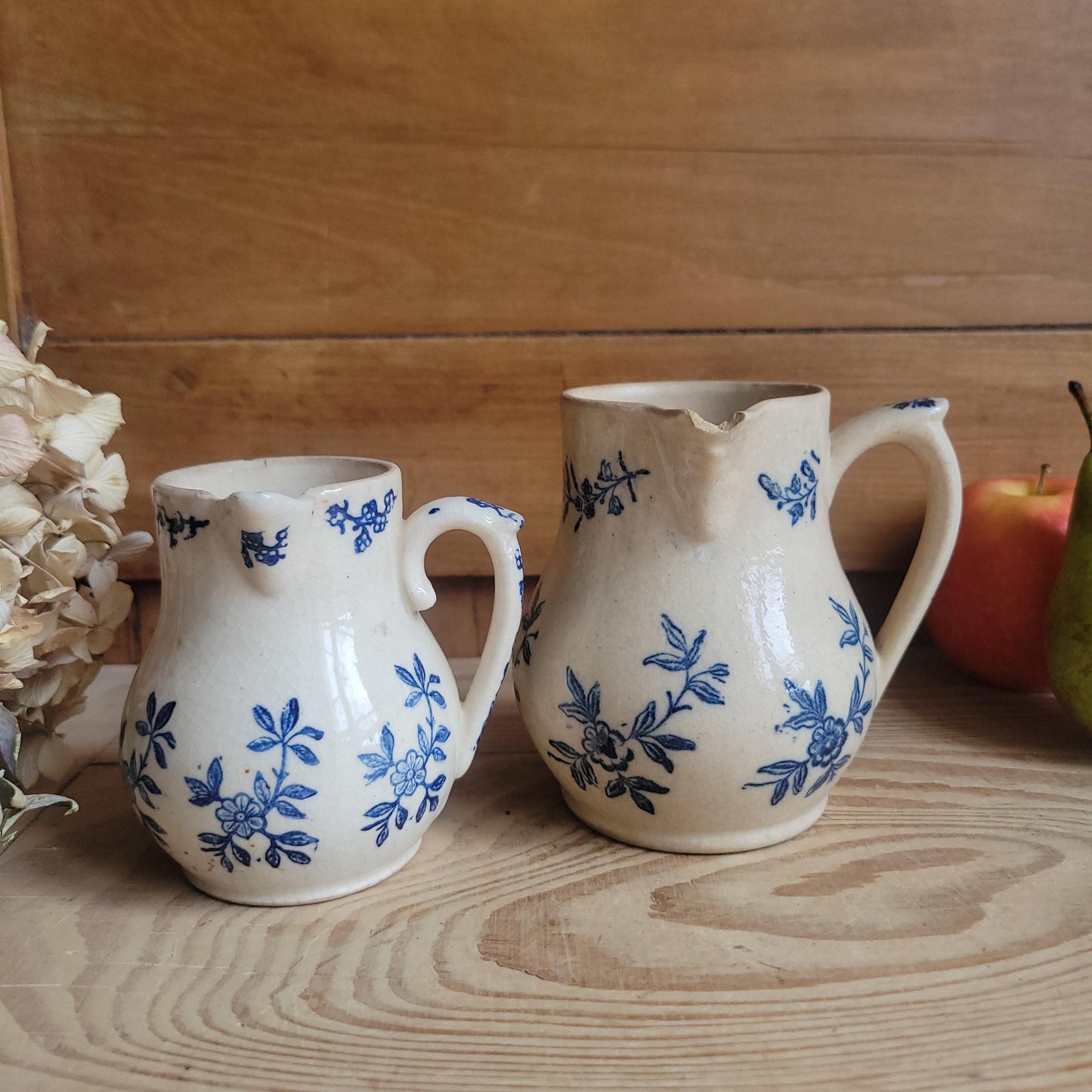 Pair of St Uze Blue and White Milk Jugs, Matching Floral Designs, France c.1910