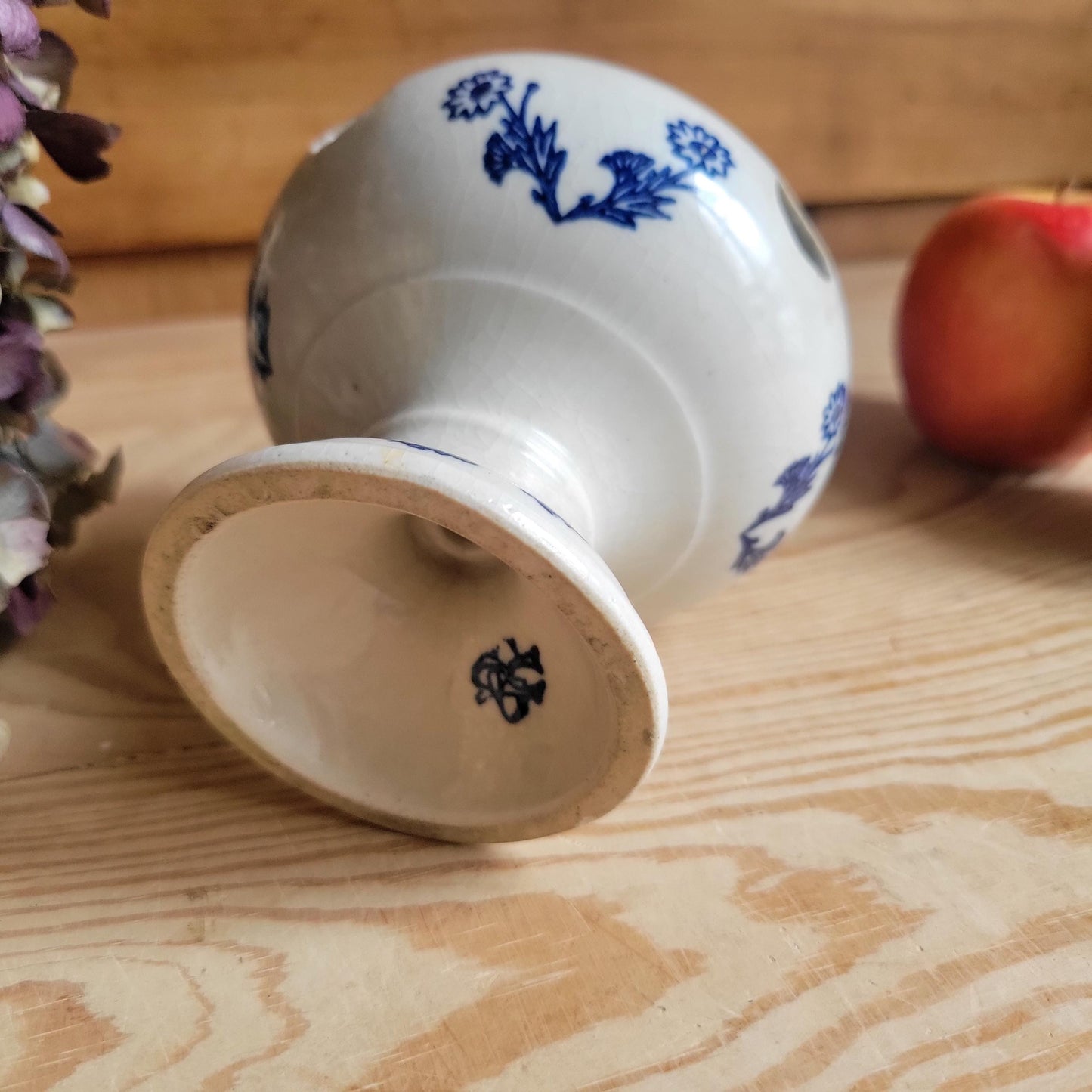 Antique stoneware St Uze blue and white floral small tulip vase St Uze France c 1900
