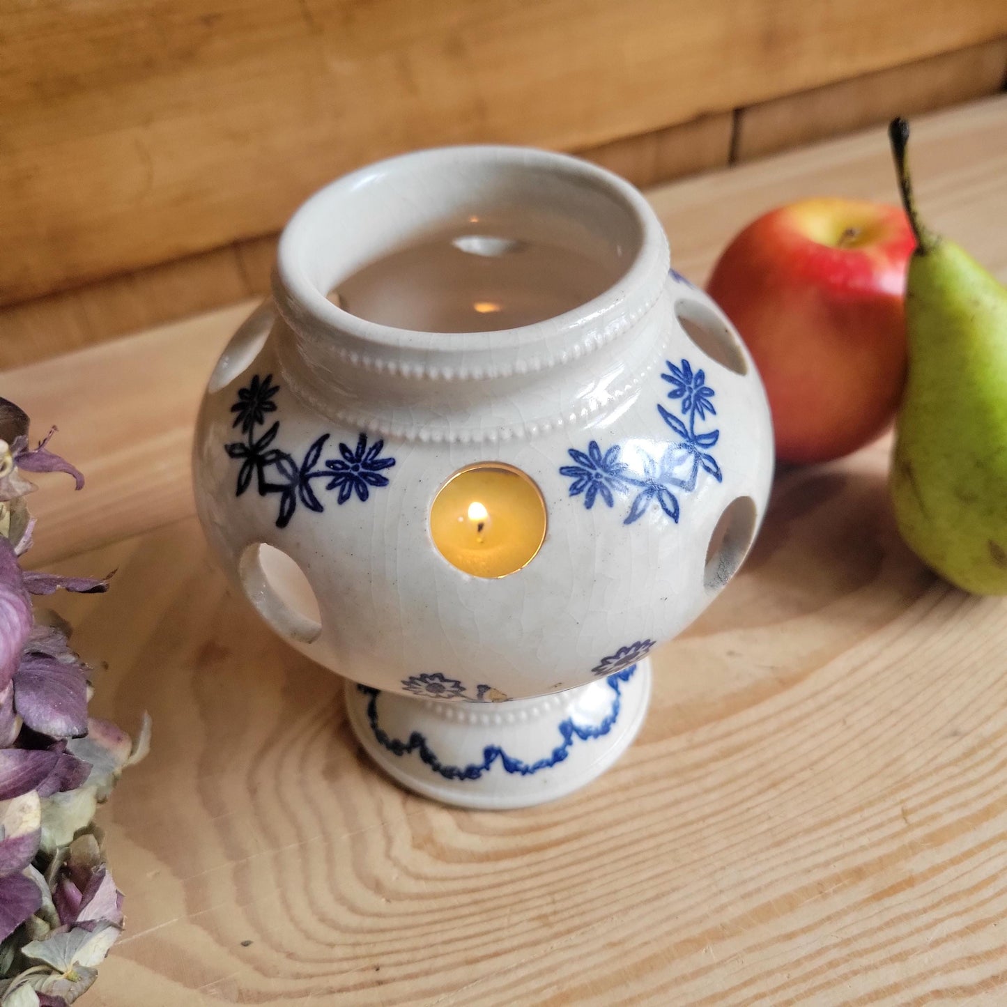 Antique stoneware St Uze blue and white floral small tulip vase St Uze France c 1900