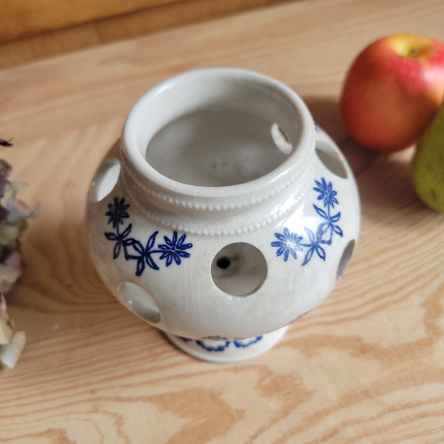 Antique stoneware St Uze blue and white floral small tulip vase St Uze France c 1900