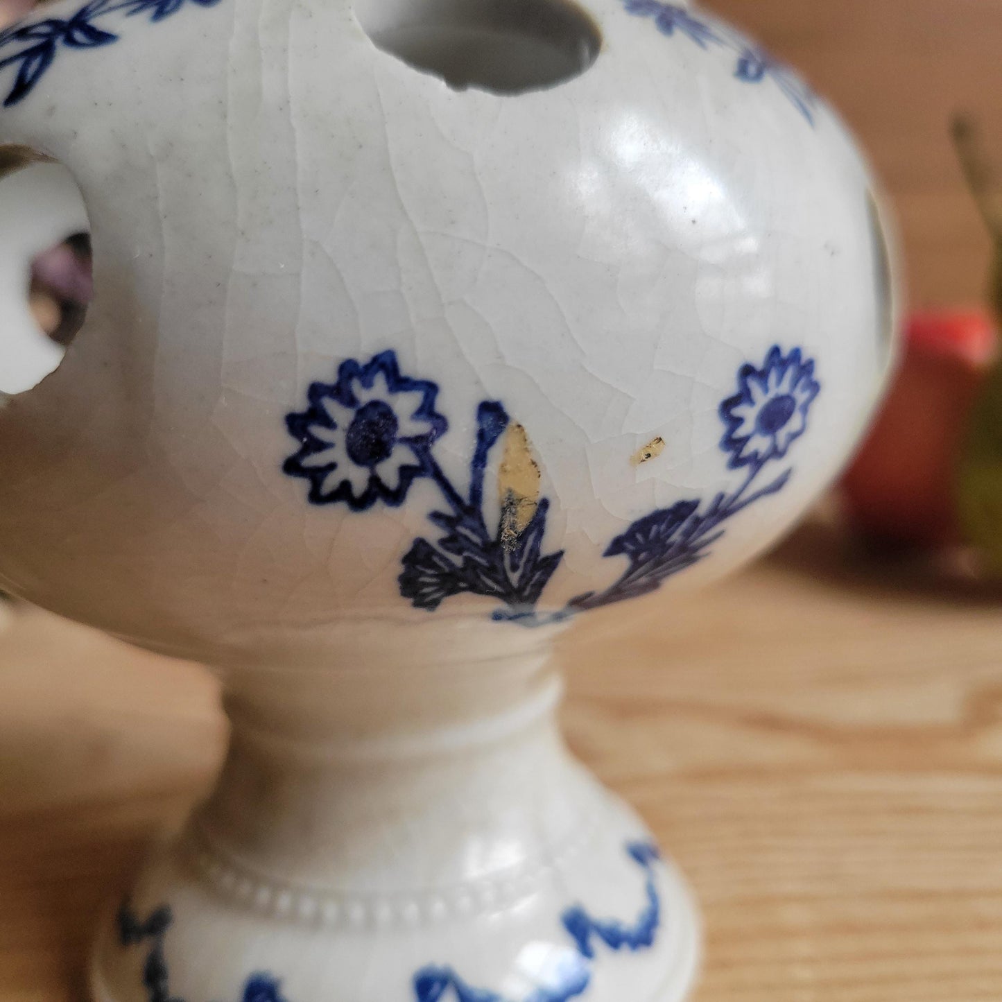 Antique stoneware St Uze blue and white floral small tulip vase St Uze France c 1900