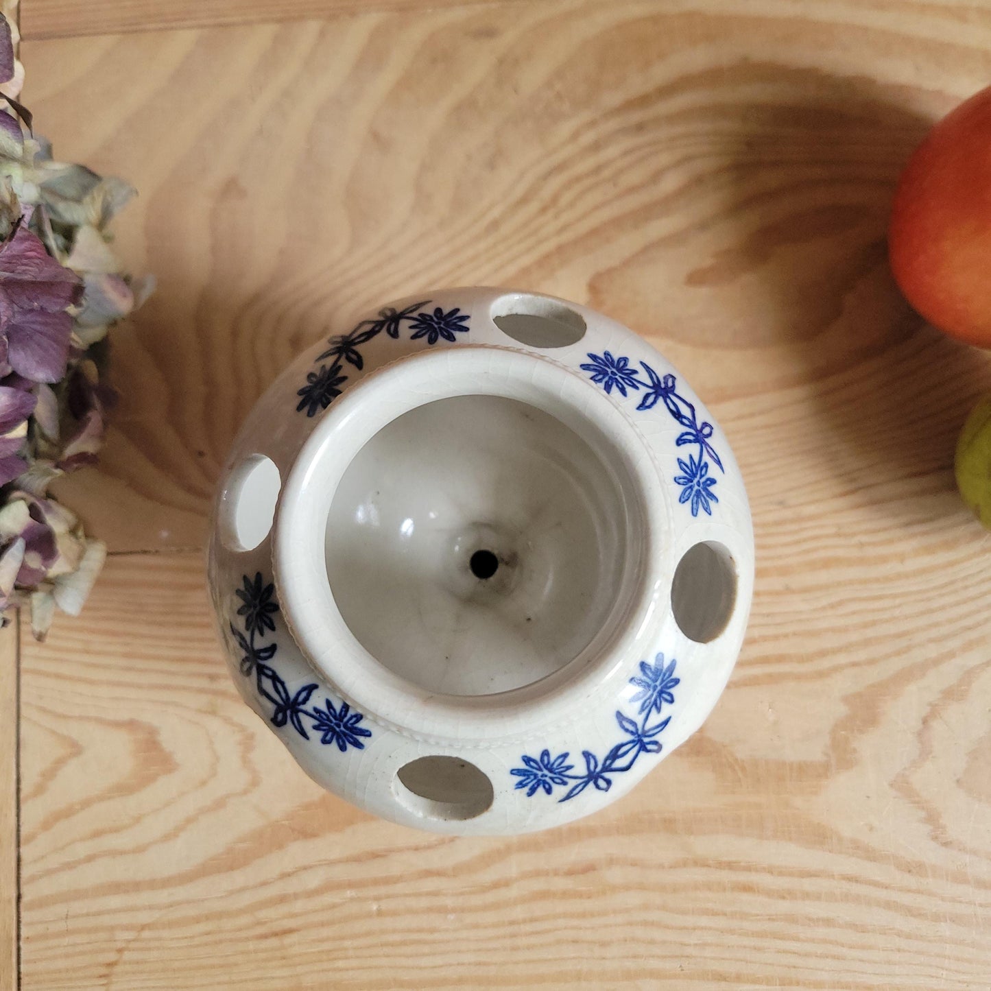 Antique stoneware St Uze blue and white floral small tulip vase St Uze France c 1900