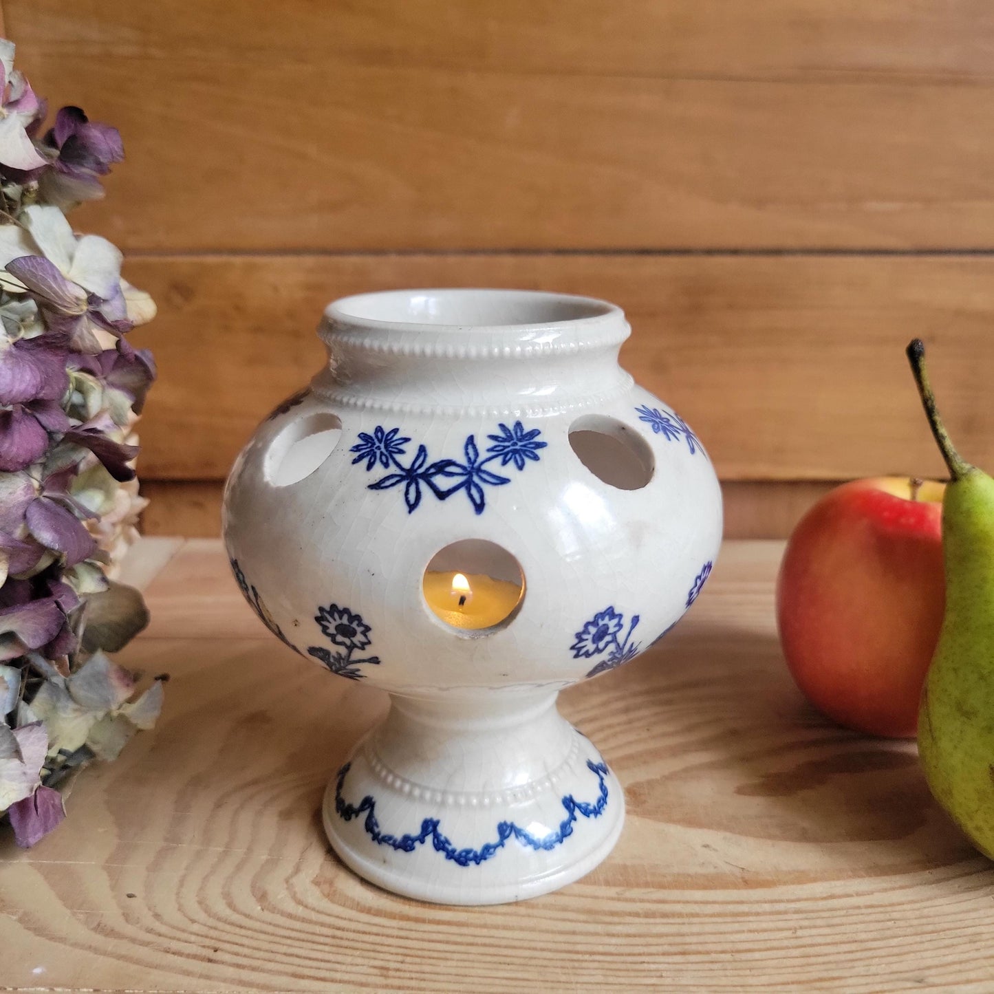 Antique stoneware St Uze blue and white floral small tulip vase St Uze France c 1900