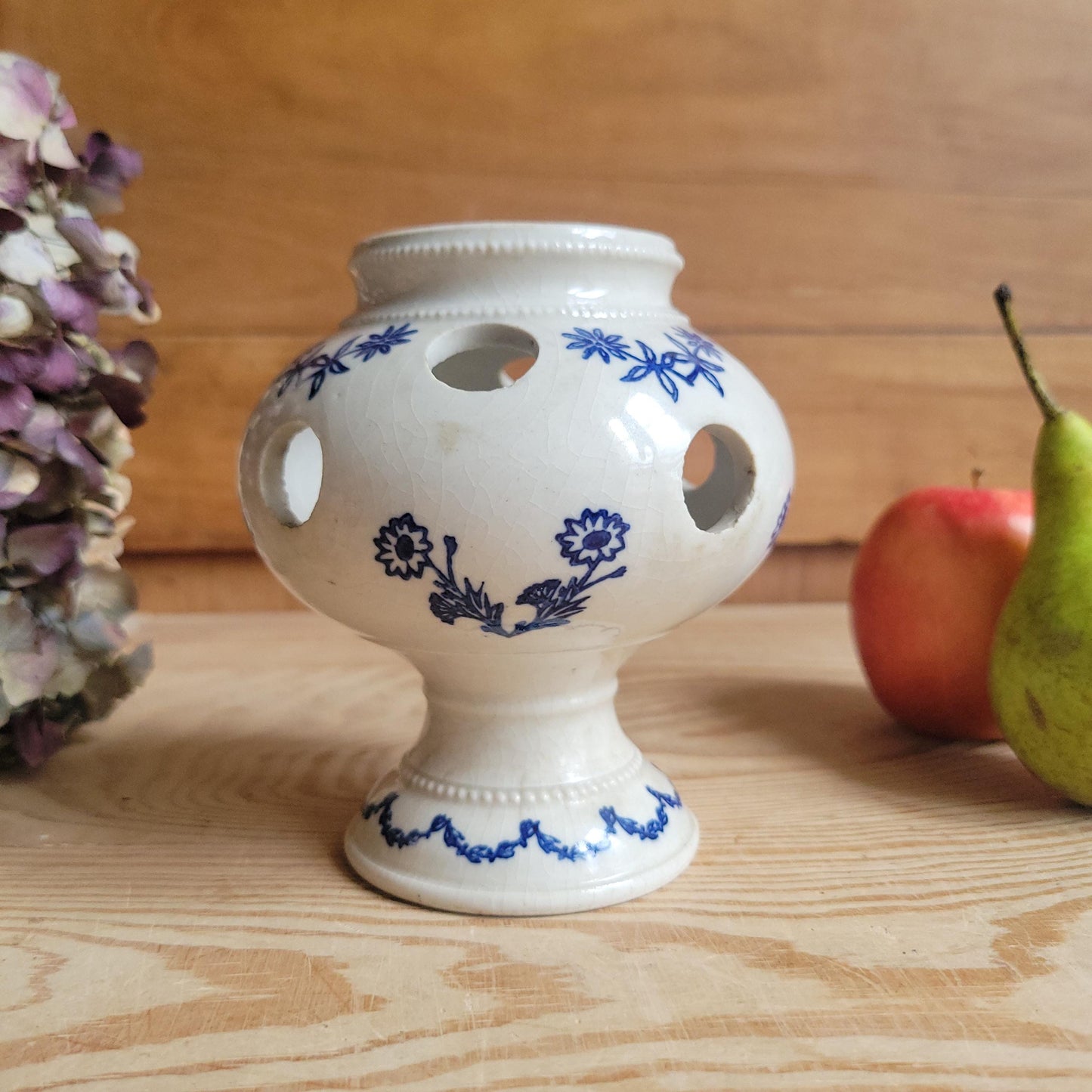 Antique stoneware St Uze blue and white floral small tulip vase St Uze France c 1900